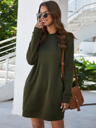 Round Neck Long Sleeve Mini Dress with Pockets - Guy Christopher 