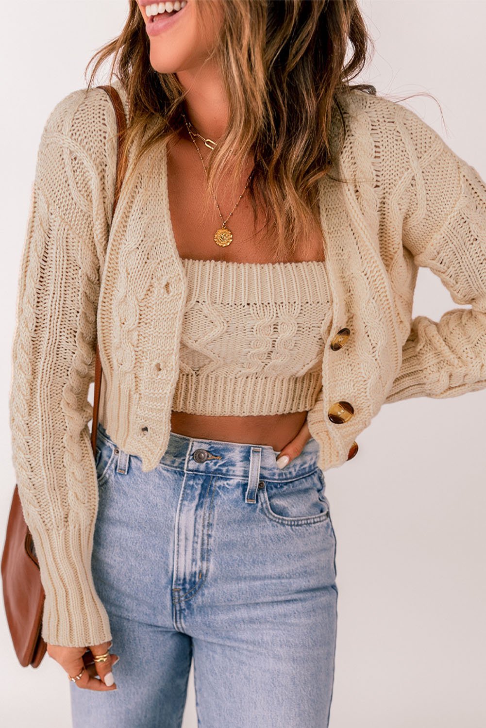 Cable-Knit Cropped Cardigan and Cami Set - Guy Christopher