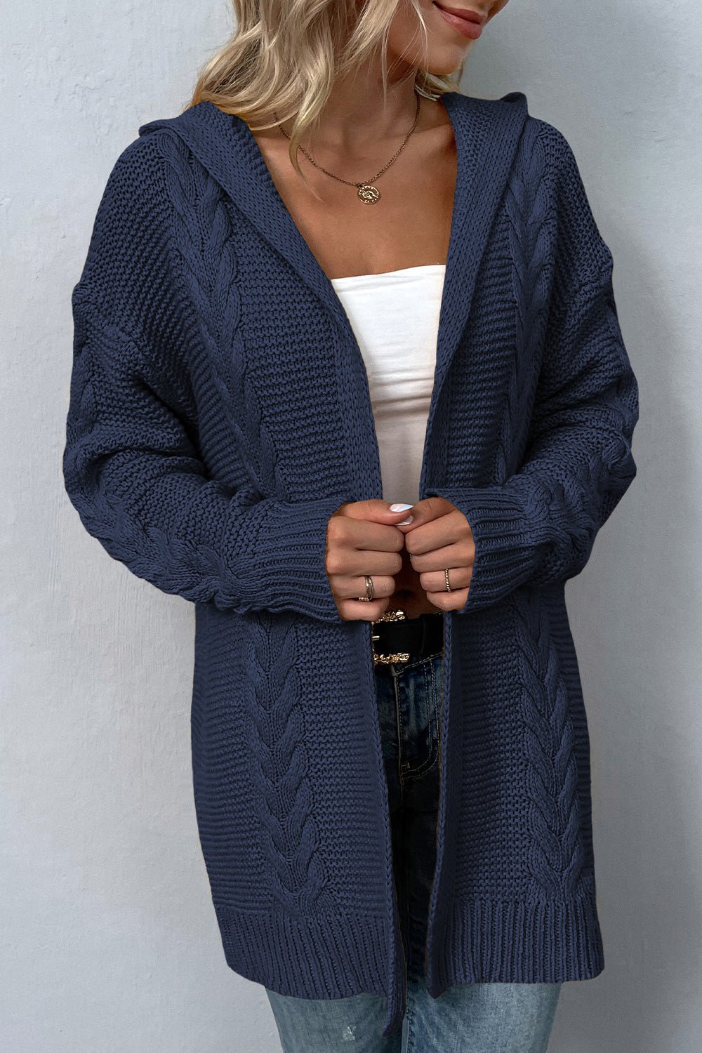 Cable-Knit Dropped Shoulder Hooded Cardigan - Guy Christopher