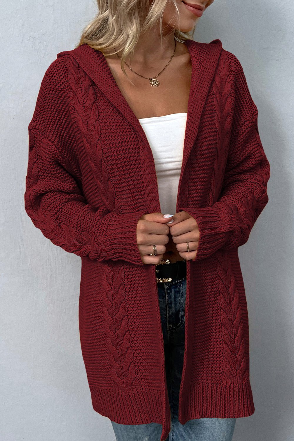 Cable-Knit Dropped Shoulder Hooded Cardigan - Guy Christopher