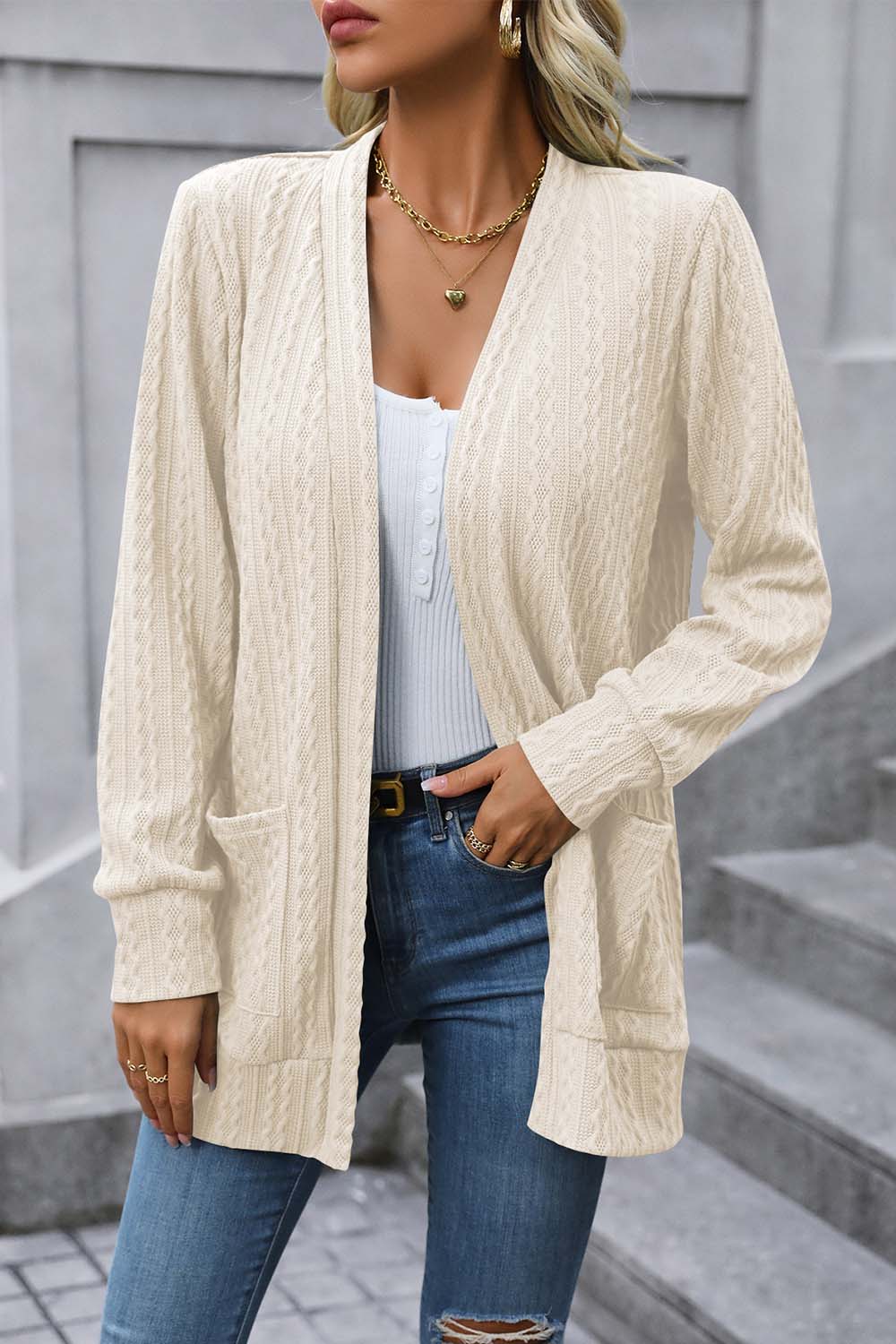 Cable-Knit Long Sleeve Cardigan with Pocket - Guy Christopher
