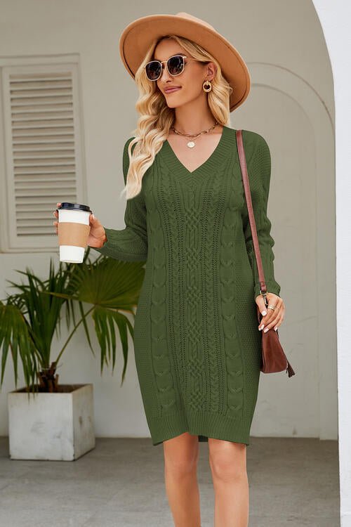 Cable-Knit Long Sleeve Sweater Dress - Guy Christopher