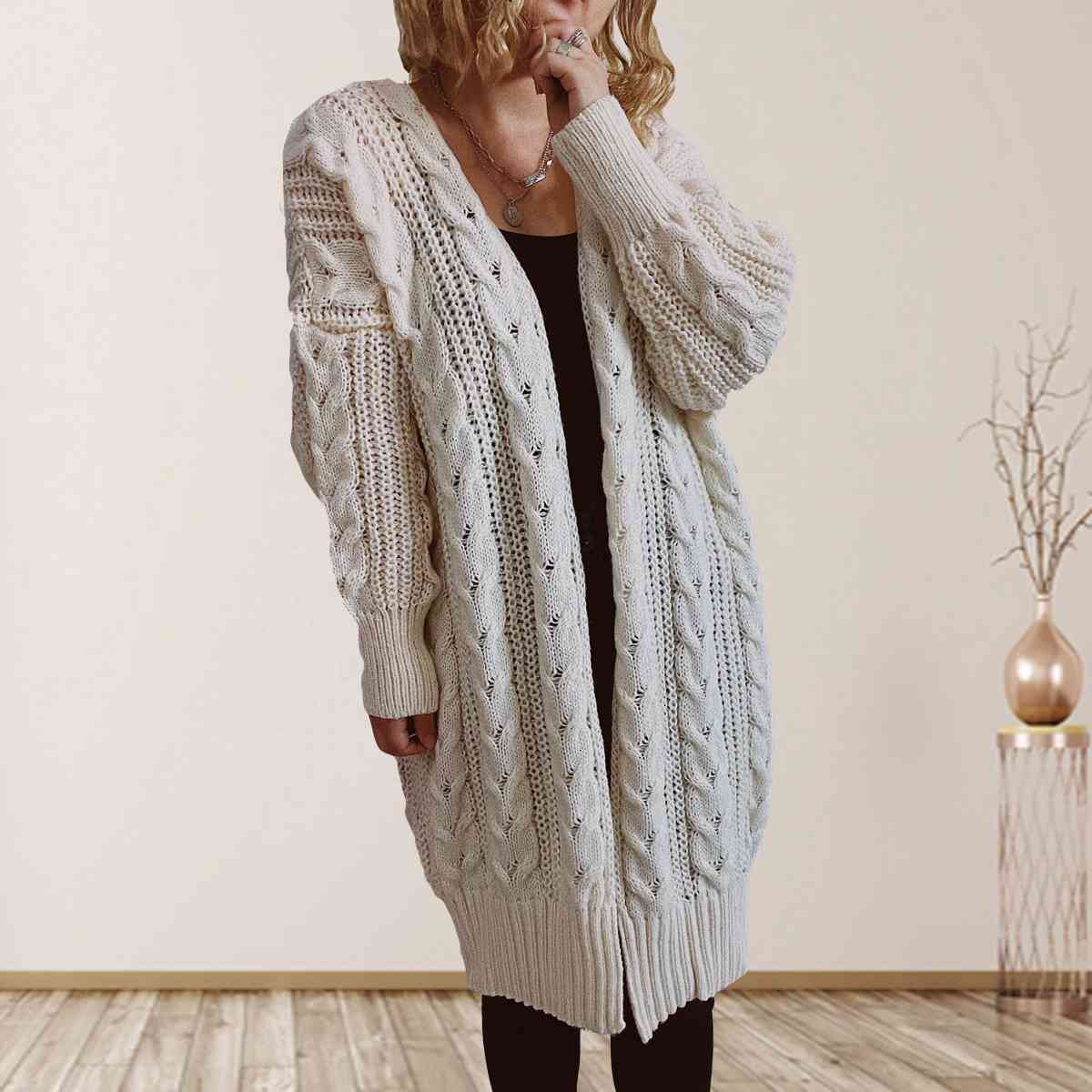 Cable-Knit Open Front Dropped Shoulder Cardigan - Guy Christopher