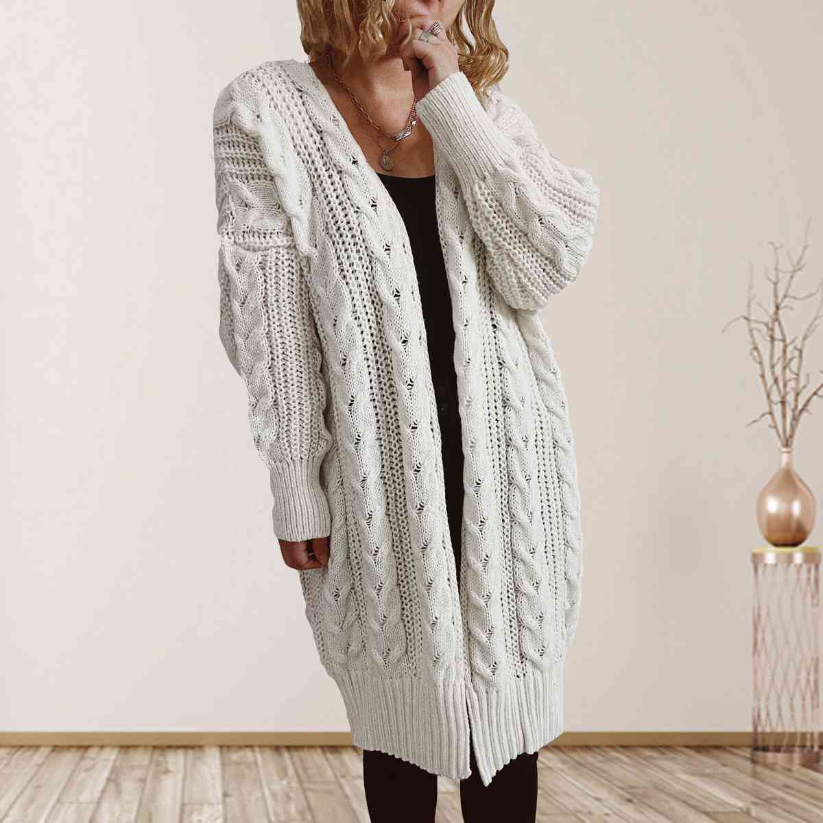 Cable-Knit Open Front Dropped Shoulder Cardigan - Guy Christopher