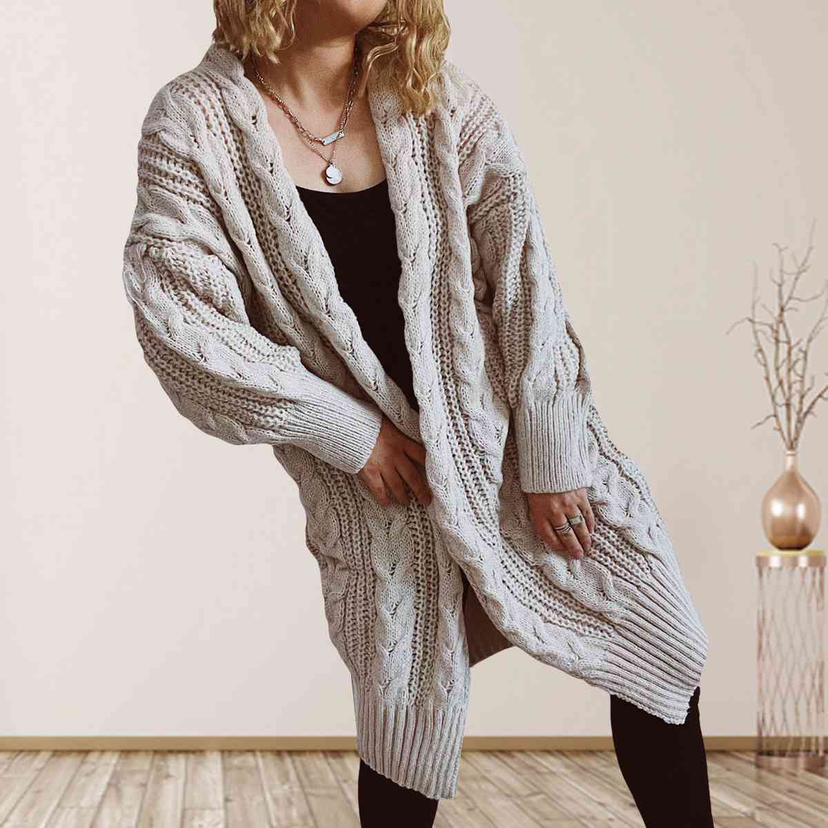 Cable-Knit Open Front Dropped Shoulder Cardigan - Guy Christopher