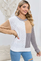 Cable-Knit Openwork Round Neck Color Block Sweater - Guy Christopher