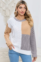 Cable-Knit Openwork Round Neck Color Block Sweater - Guy Christopher