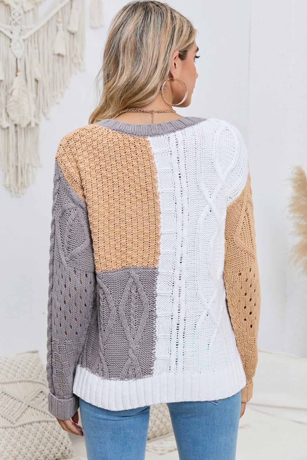 Cable-Knit Openwork Round Neck Color Block Sweater - Guy Christopher
