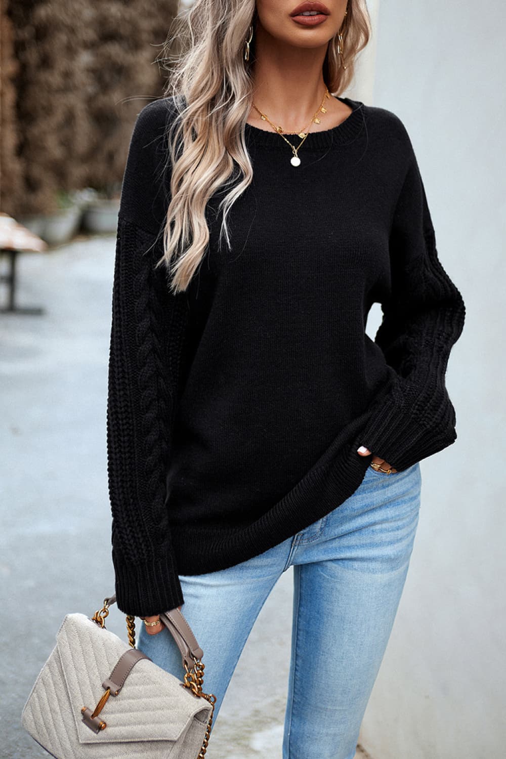 Cable-Knit Round Neck Drop Shoulder Sweater - Guy Christopher