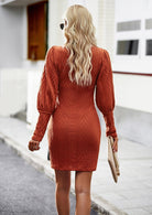 Cable-Knit Round Neck Lantern Sleeve Sweater Dress - Guy Christopher