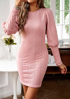 Cable-Knit Round Neck Lantern Sleeve Sweater Dress - Guy Christopher