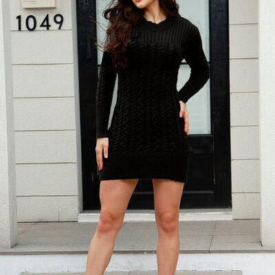Cable-Knit Round Neck Long Sleeve Mini Sweater Dress - Guy Christopher