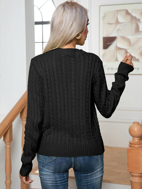 Cable-Knit Round Neck Long Sleeve Sweater - Guy Christopher