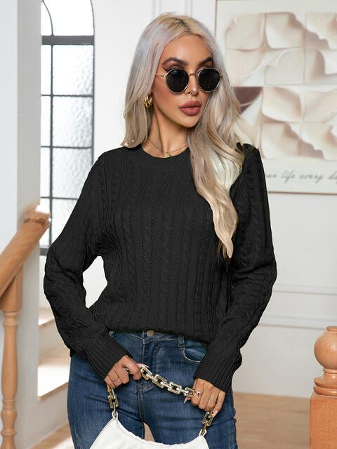 Cable-Knit Round Neck Long Sleeve Sweater - Guy Christopher