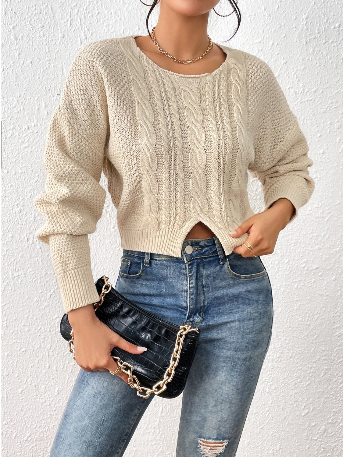 Cable-Knit Slit Drop Shoulder Sweater - Guy Christopher