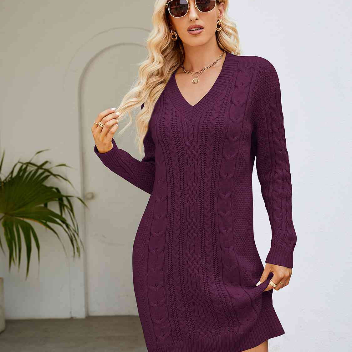Cable-Knit V-Neck Mini Sweater Dress - Guy Christopher