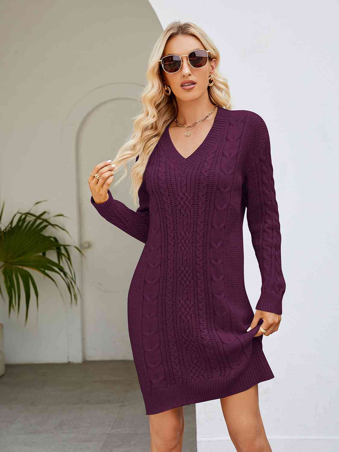 Cable-Knit V-Neck Mini Sweater Dress - Guy Christopher