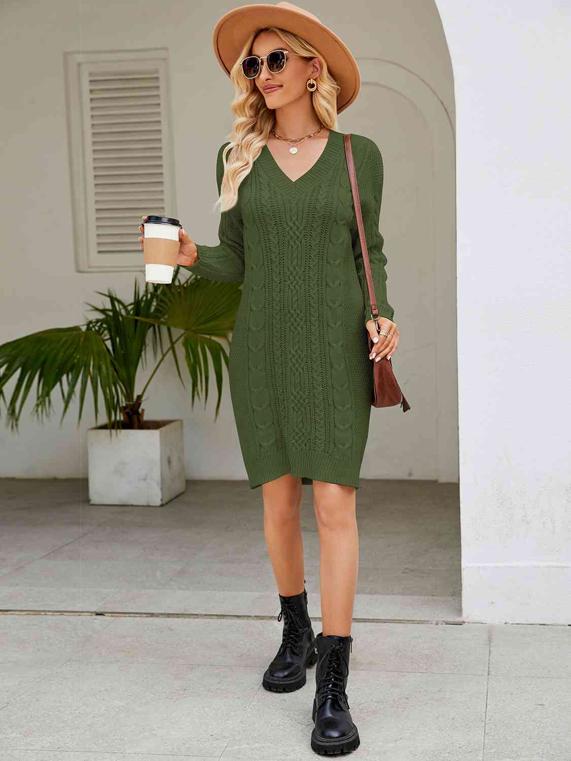 Cable-Knit V-Neck Mini Sweater Dress - Guy Christopher