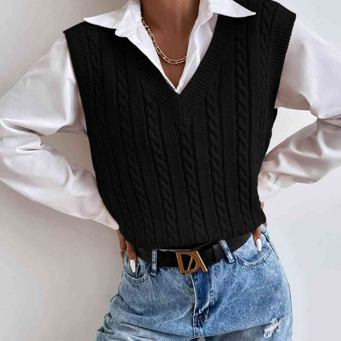 Cable-Knit V-Neck Sleeveless Sweater Vest - Guy Christopher