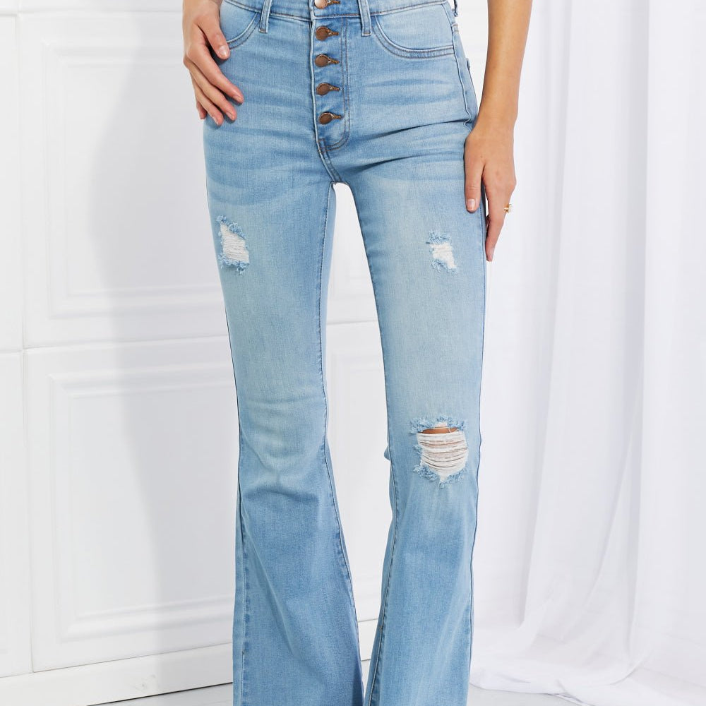 "Captivate Hearts with the Vibrant MIU Full Size Jess Button Flare Jeans - Unleash Effortless Chic and Distressed Allure for a Breathtakingly Beautiful Look" - Guy Christopher