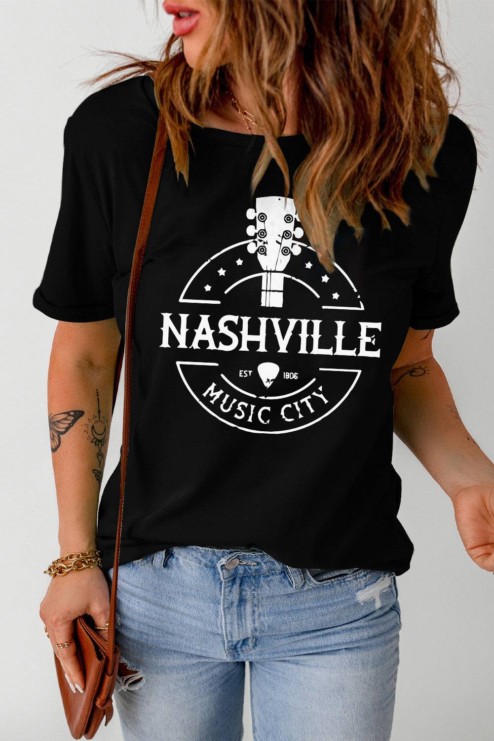 Captivate Your Heart with the Western Nashville Music City Cuffed Graphic Tee Shirt - Embrace the Beauty of Nashville's Western Culture and Experience Sublime Comfort All Day Long. - Guy Christopher
