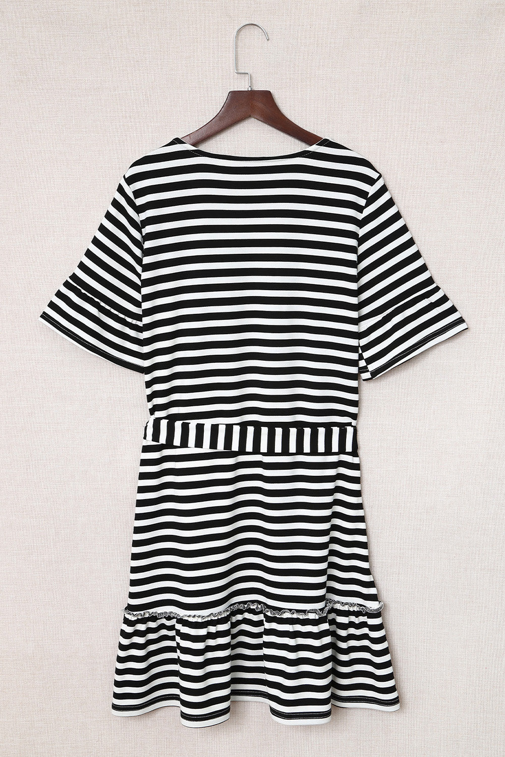 Striped Tie-Waist Frill Trim V-Neck Dress - Guy Christopher 