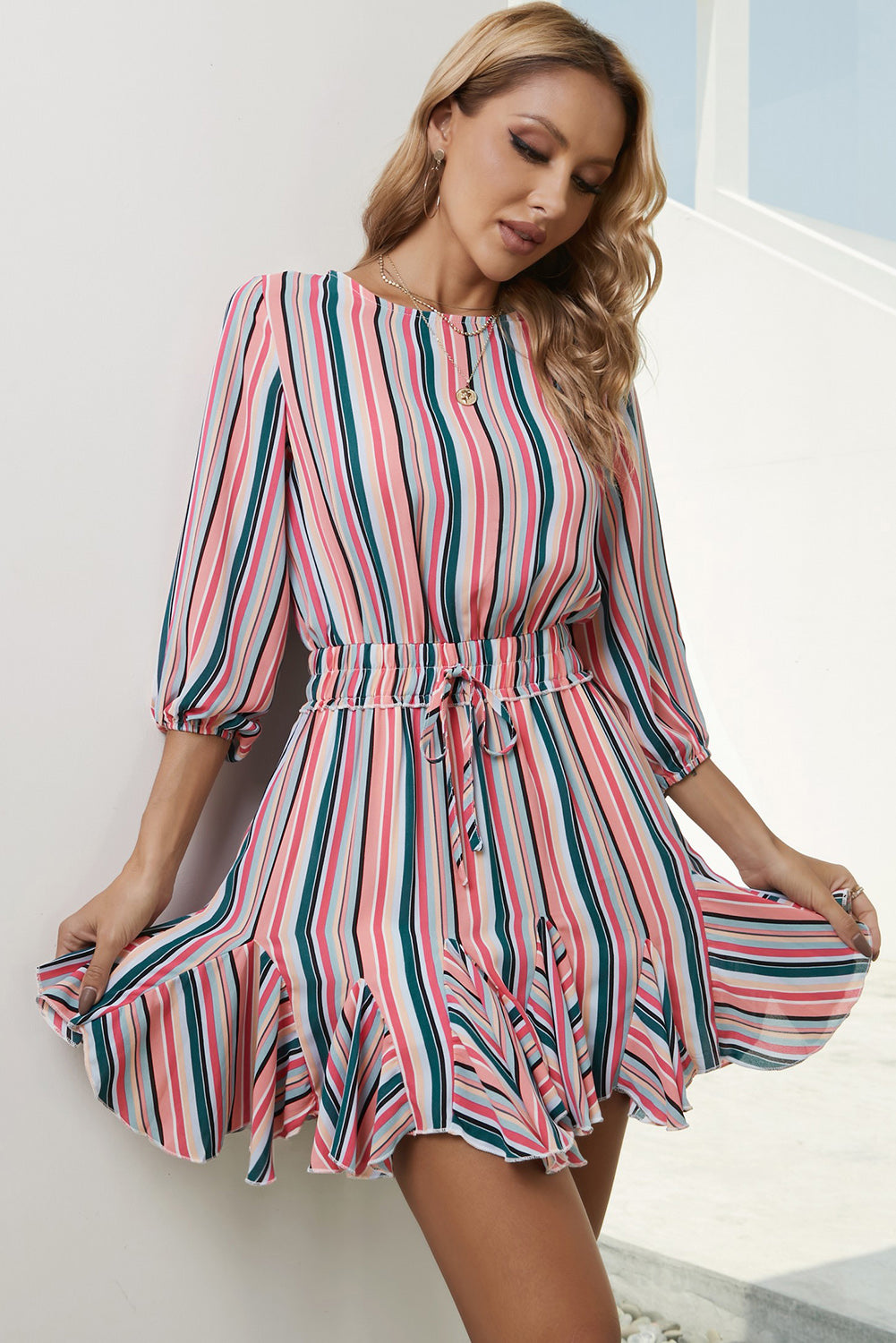 Striped Drawstring Waist Three-Quarter Sleeve Mini Dress - Guy Christopher 