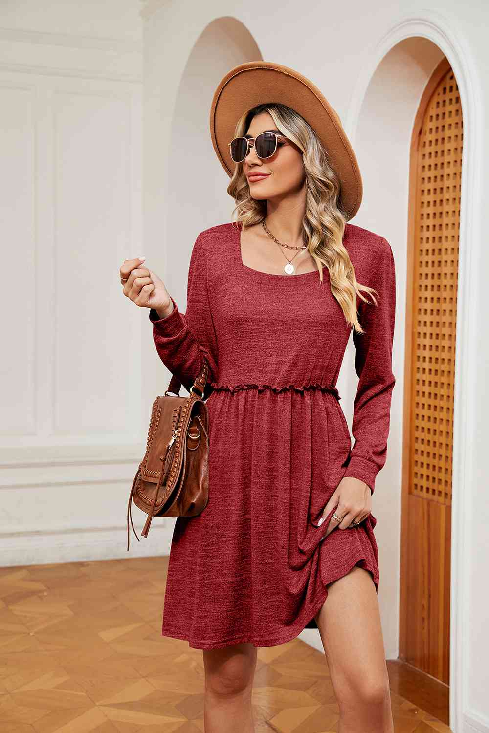 Square Neck Long Sleeve Dress - Guy Christopher 