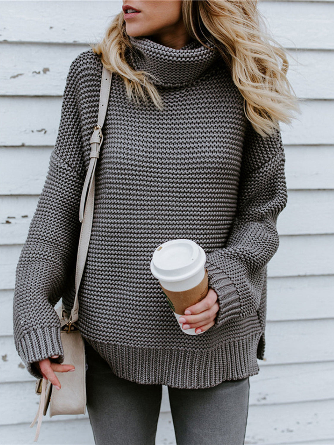 Turtleneck Dropped Shoulder Slit Sweater - Guy Christopher 