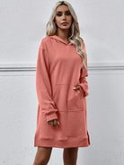 Slit Long Sleeve Hooded Dress with Pocket - Guy Christopher 