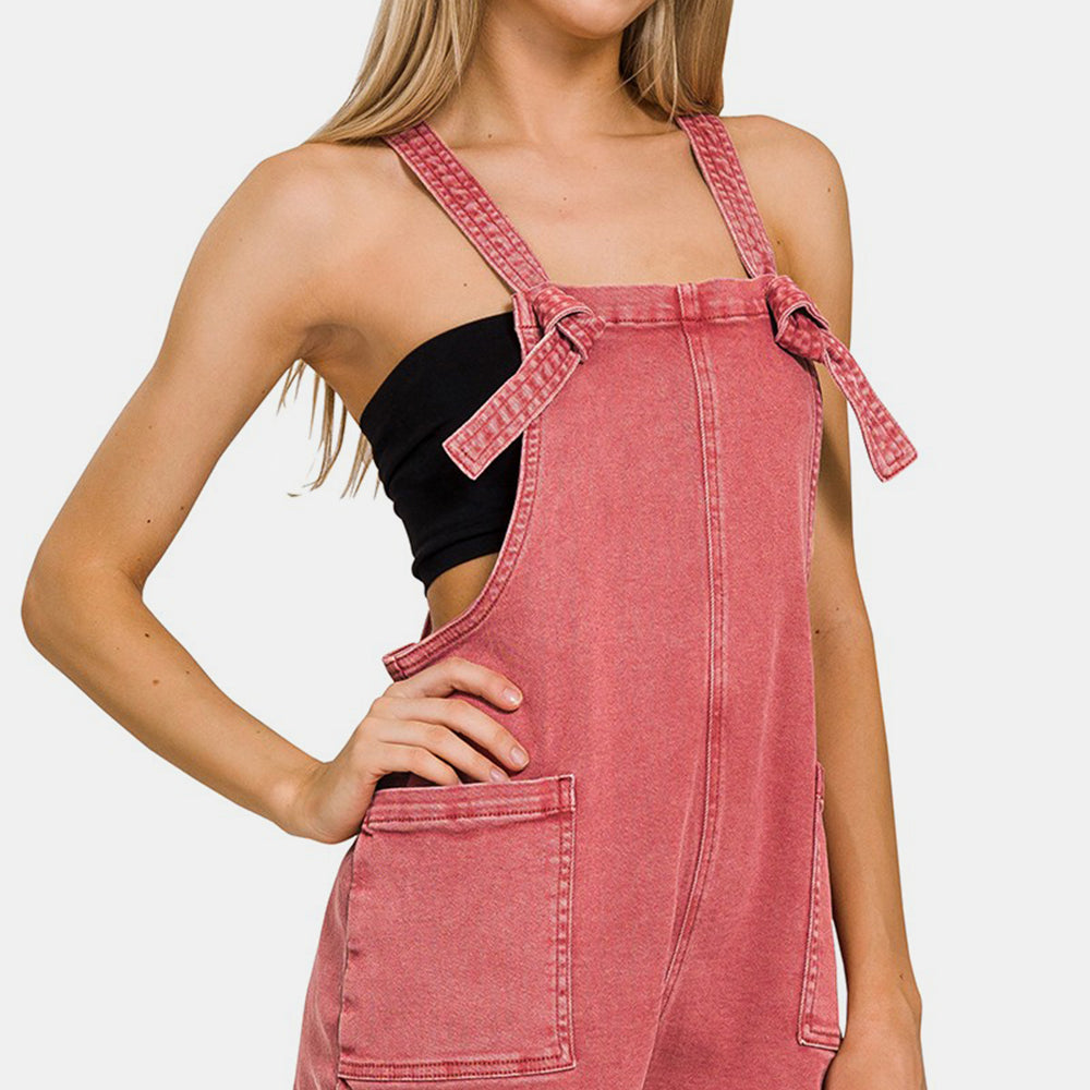 Zenana Washed Knot Strap Rompers
