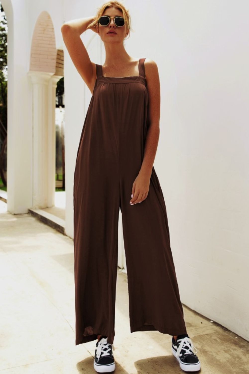 Wide Strap Wide Leg Jumpsuit - Guy Christopher 