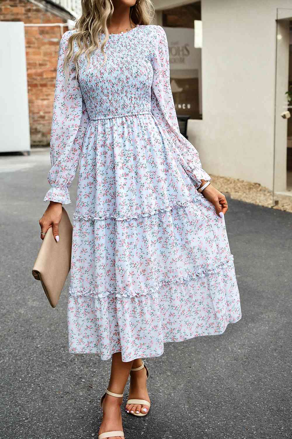 Smocked Flounce Sleeve Midi Dress - Guy Christopher 