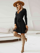 Surplice Neck Tie Front Pleated Sweater Dress - Guy Christopher 