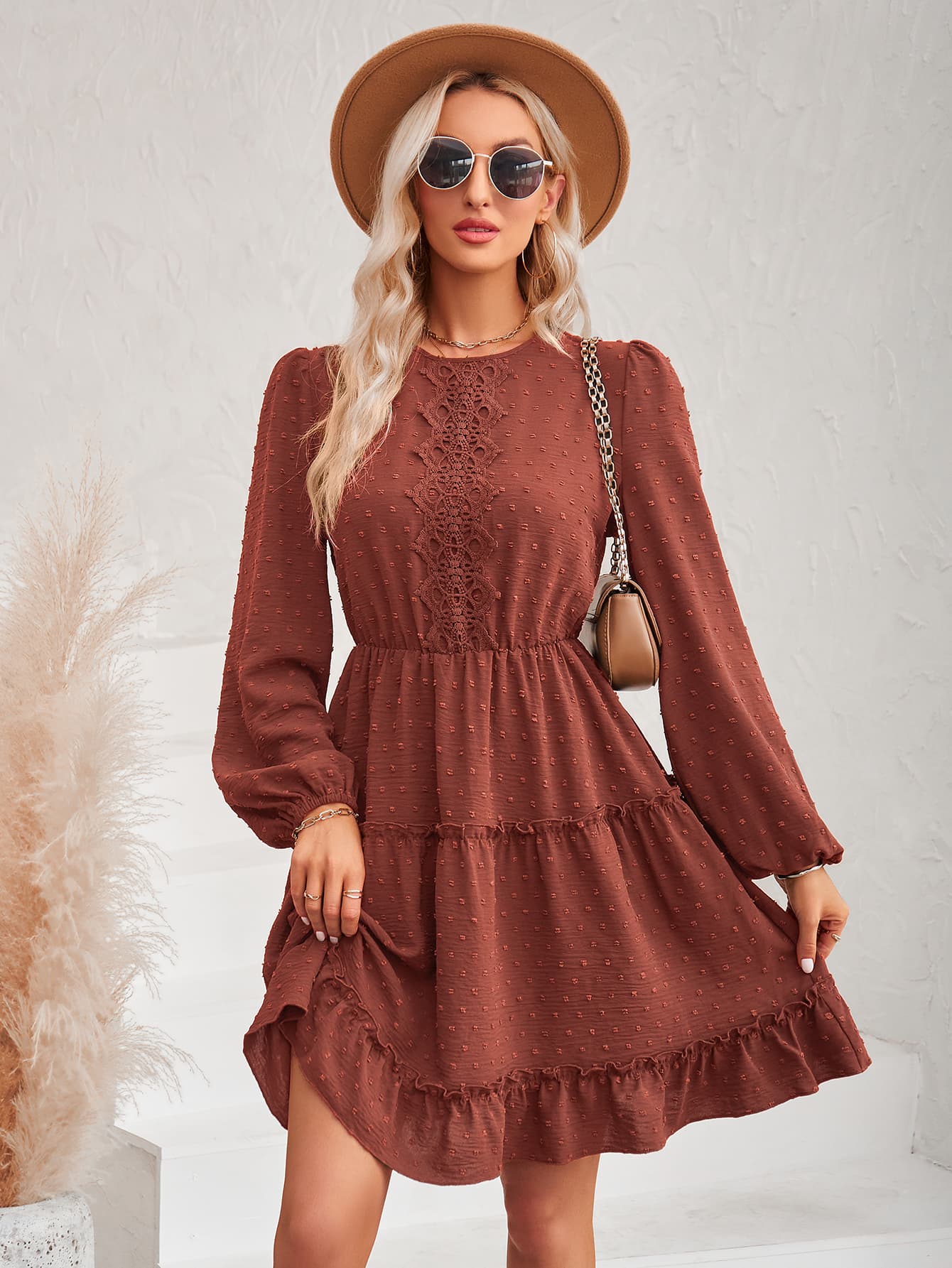 Swiss Dot Lace Trim Balloon Sleeve Dress - Guy Christopher 