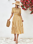 Striped Tie Belt Round Neck Puff Sleeve Dress - Guy Christopher 