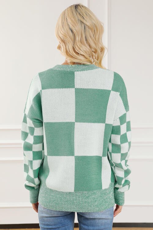 Checkered Drop Shoulder Long Sleeve Sweater - Guy Christopher