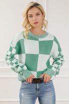 Checkered Drop Shoulder Long Sleeve Sweater - Guy Christopher