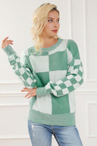 Checkered Drop Shoulder Long Sleeve Sweater - Guy Christopher