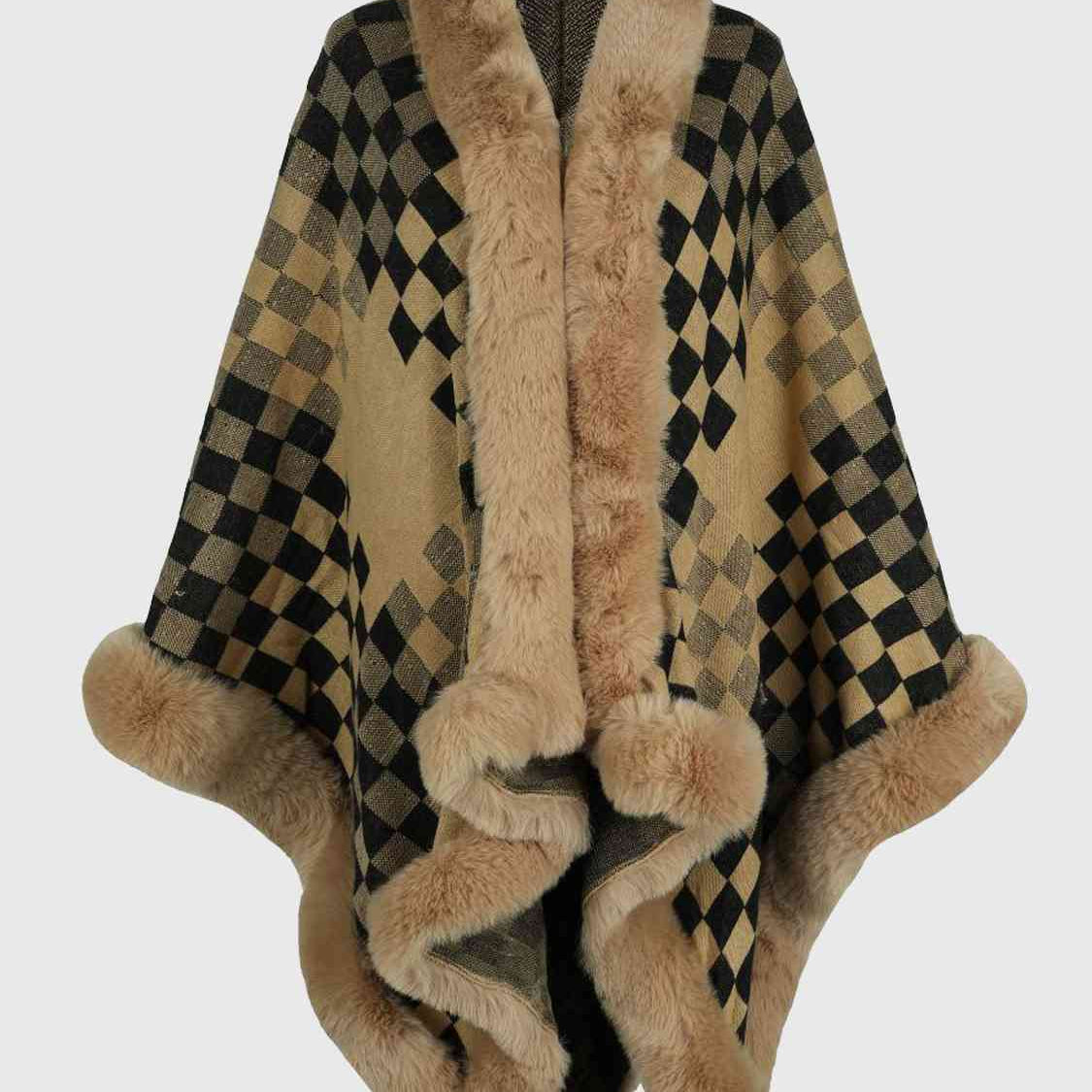 Checkered Faux Fur Trim Poncho - Guy Christopher