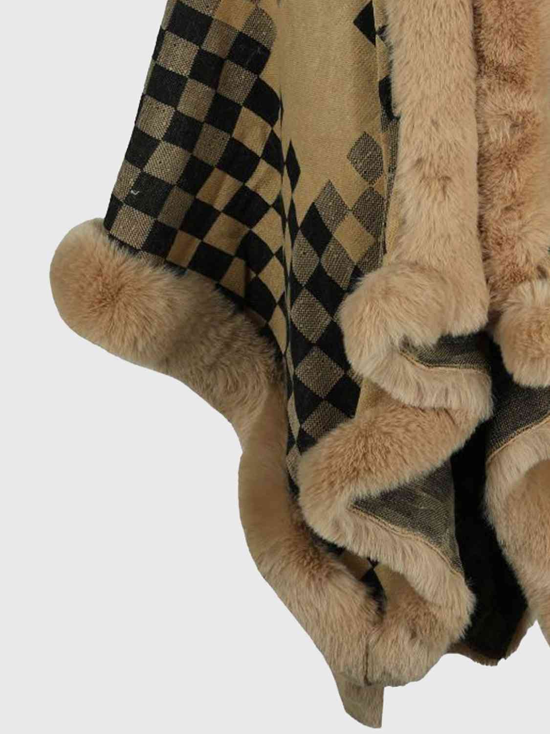 Checkered Faux Fur Trim Poncho - Guy Christopher