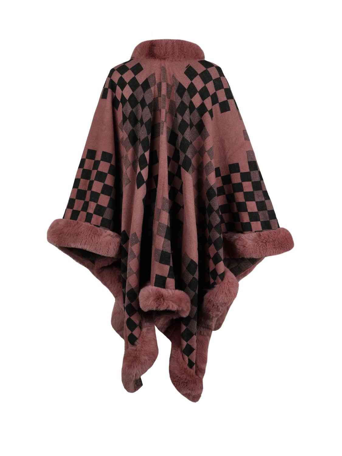 Checkered Faux Fur Trim Poncho - Guy Christopher