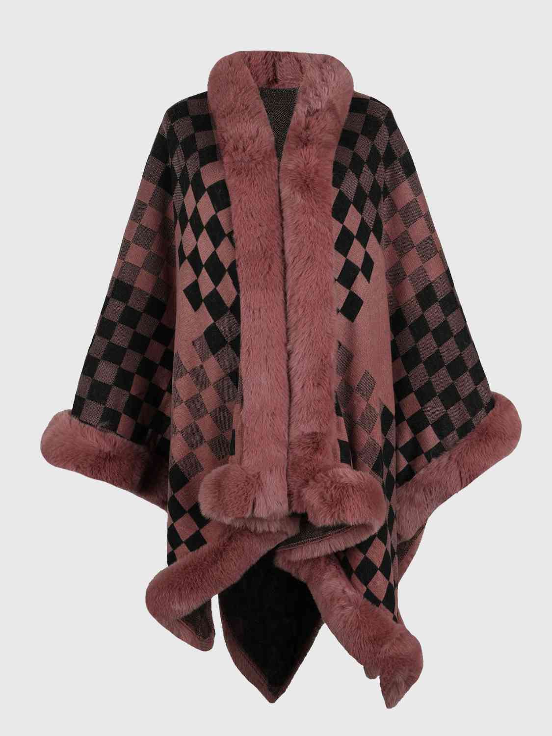 Checkered Faux Fur Trim Poncho - Guy Christopher