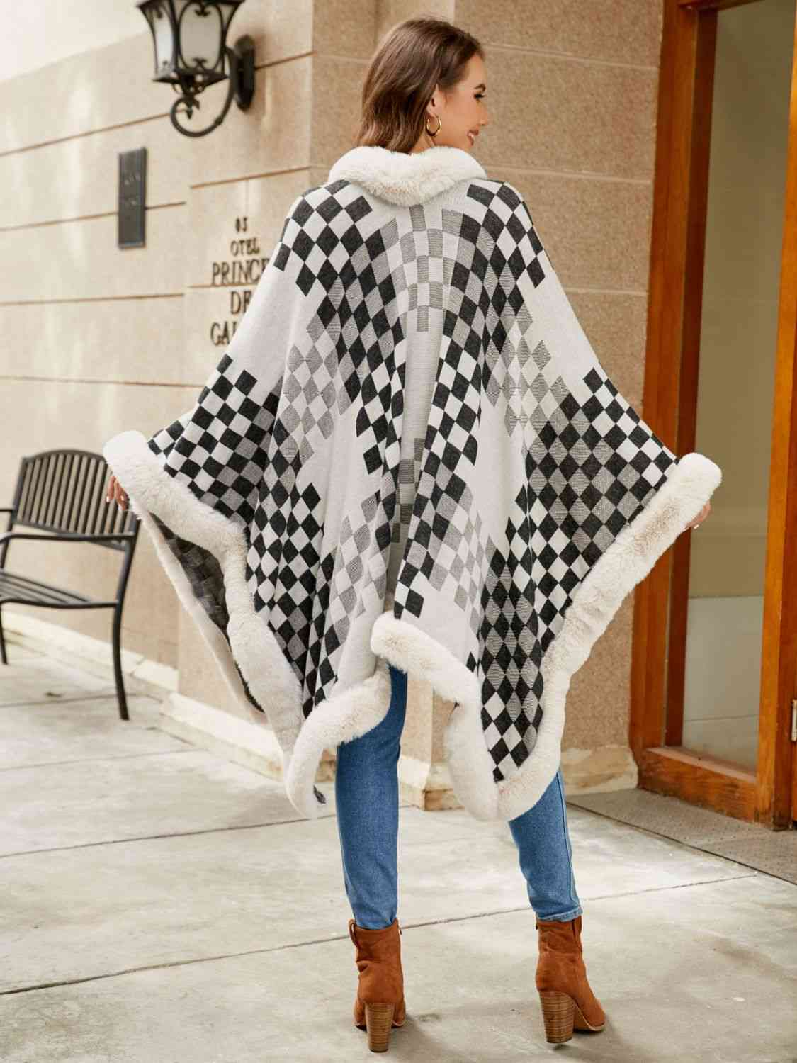 Checkered Faux Fur Trim Poncho - Guy Christopher