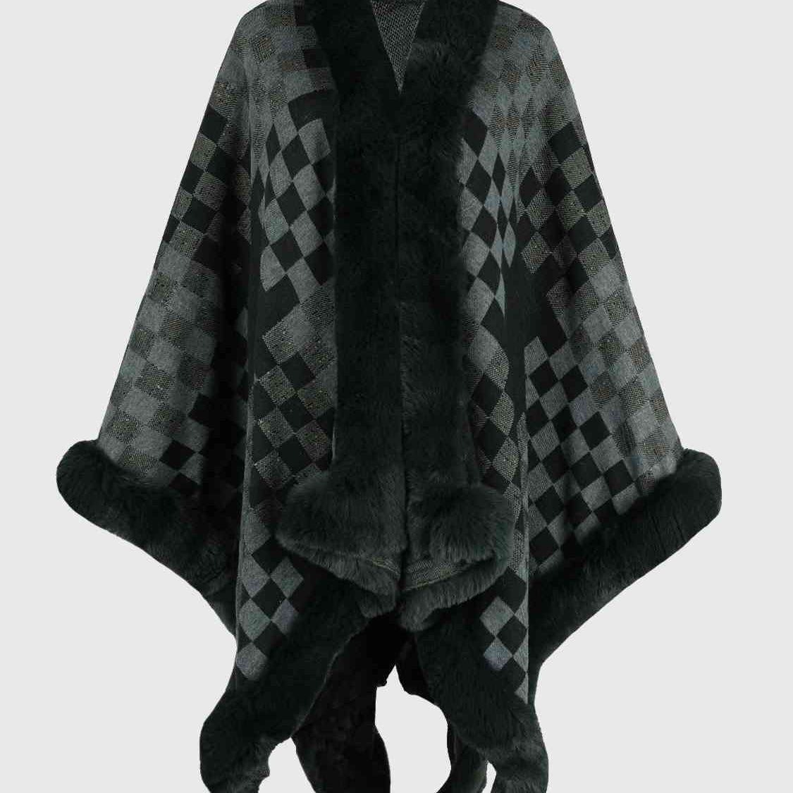 Checkered Faux Fur Trim Poncho - Guy Christopher