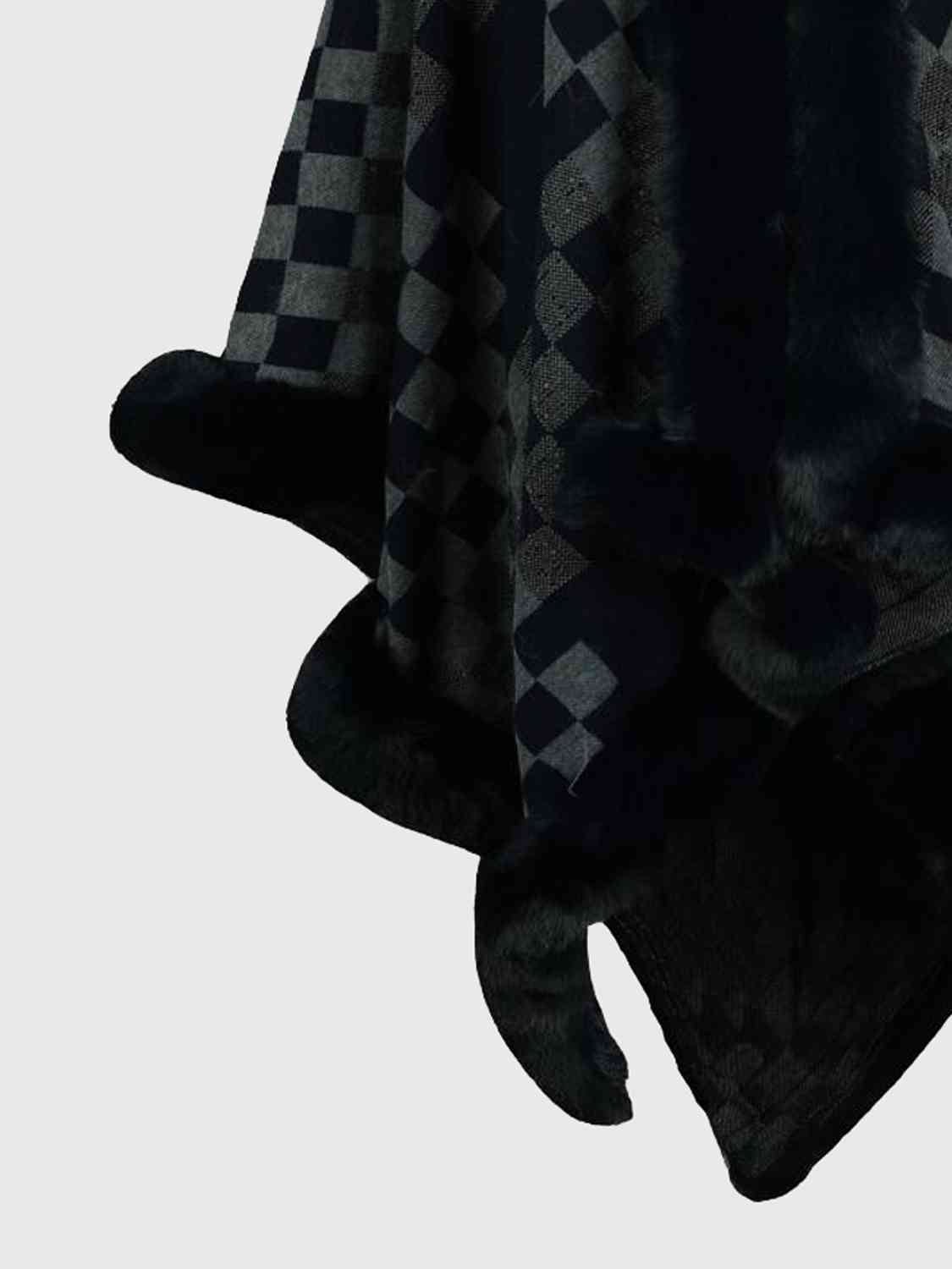 Checkered Faux Fur Trim Poncho - Guy Christopher