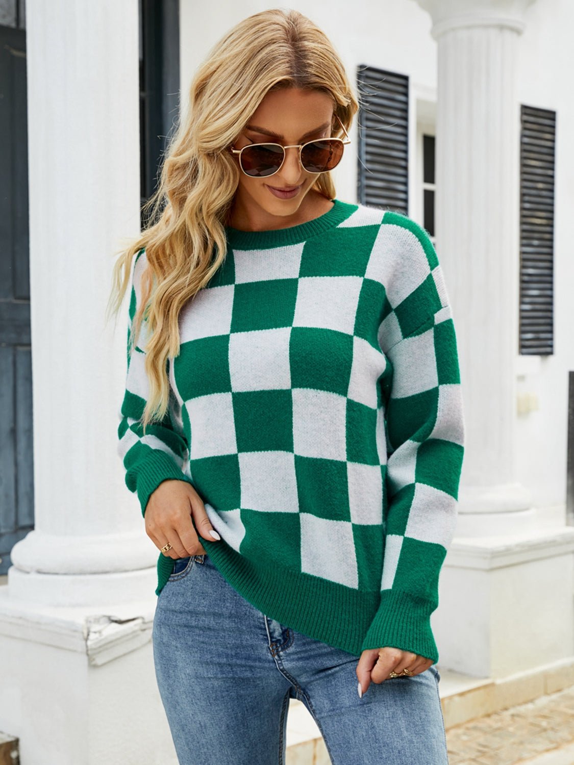 Checkered Round Neck Sweater - Guy Christopher