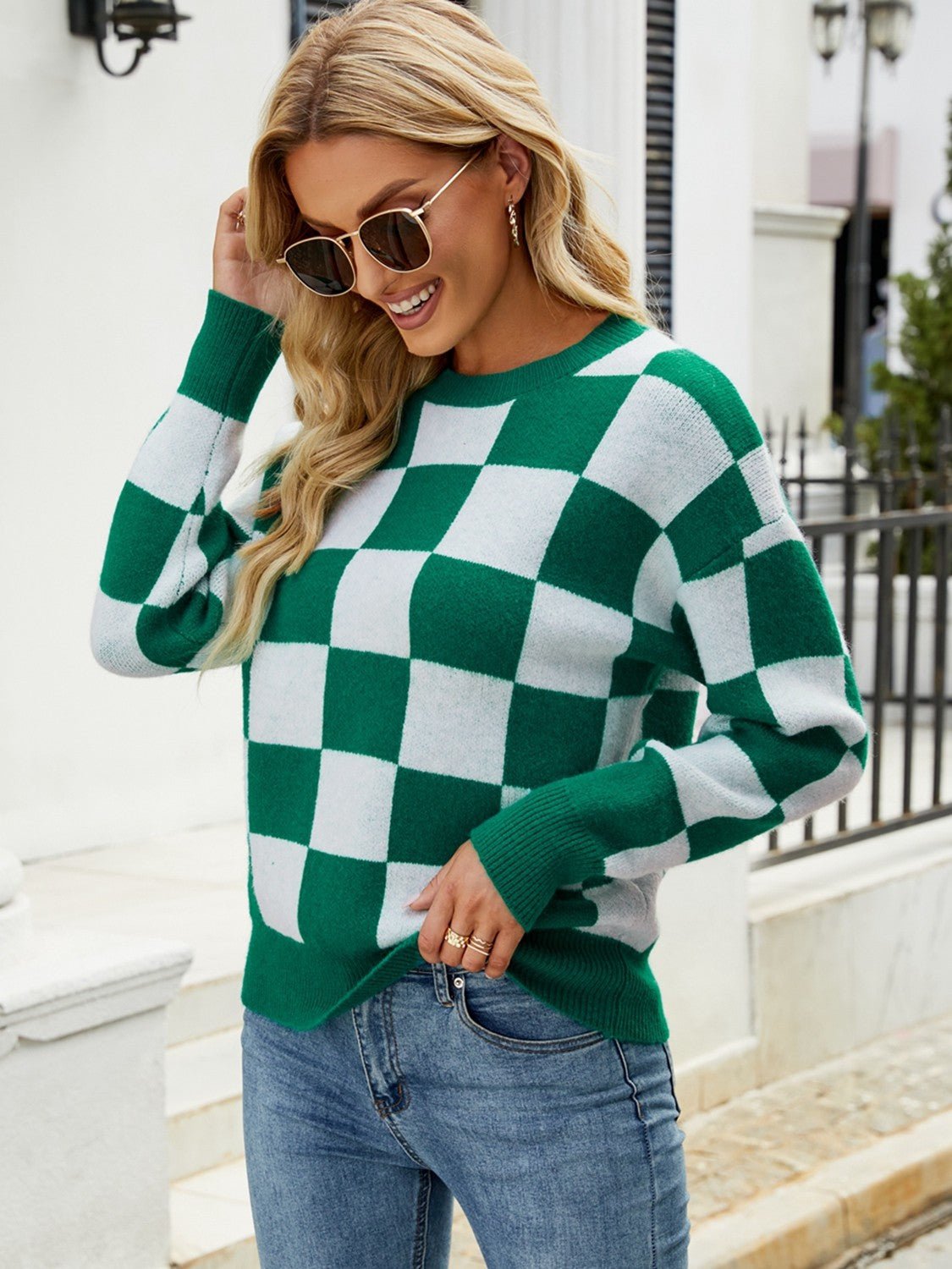 Checkered Round Neck Sweater - Guy Christopher