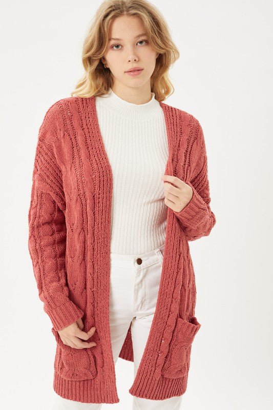 Chenille Cable Knit Oversized Open Front Cardigan - Guy Christopher