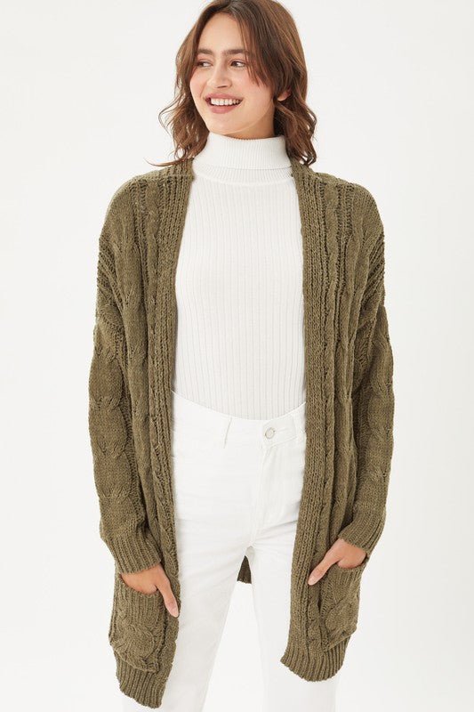 Chenille Cable Knit Oversized Open Front Cardigan - Guy Christopher